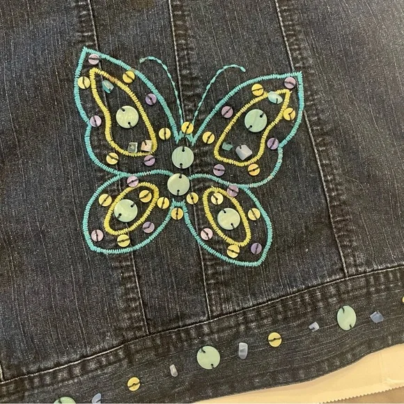 Alfred Dunner dark Denim Jacket with Butterfly Accents. Size 16. Pre-owned. - Picture 4 of 12